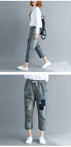 Embroidery Denim Trousers Women Vintage Retro Jeans Comfort Casual Loose Oversize Pants