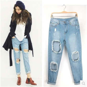 women vintage holes Ripped jeans blue trousers Female Retro denim  European Fashion Casual pants