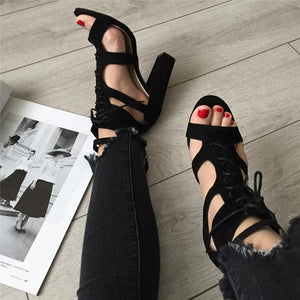 Wind Flock Women Sandals Gladiator High Heels Strap Pumps Lace-up Female Shoes