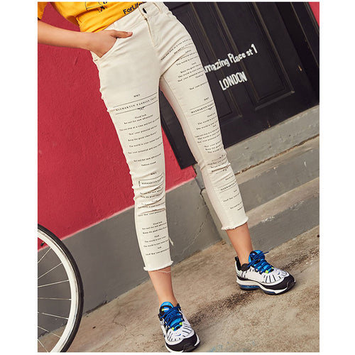 New arrival high waist slim white jeans women fashion letter print denim pants