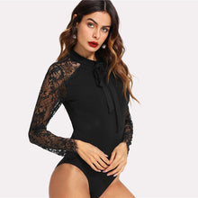 Load image into Gallery viewer, Plain Stand Collar Skinny Night Out Contrast Lace Mid Waist Bodysuits