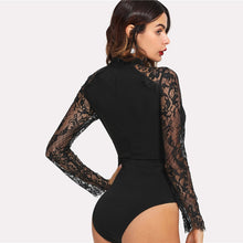 Load image into Gallery viewer, Plain Stand Collar Skinny Night Out Contrast Lace Mid Waist Bodysuits