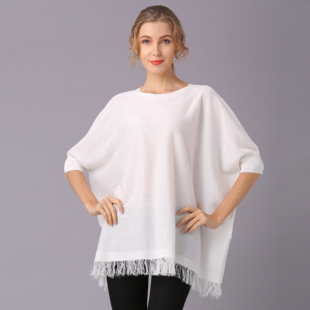 Women's Batwing Sleeve Loose Knitted Sweater Solid Color Tassel