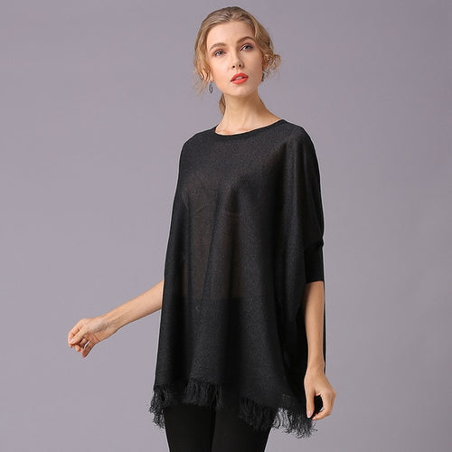 Women's Batwing Sleeve Loose Knitted Sweater Solid Color Tassel