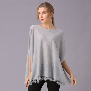 Women's Batwing Sleeve Loose Knitted Sweater Solid Color Tassel