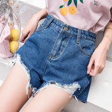 Load image into Gallery viewer, Blue Crimping Denim Shorts For Women Ripped Hole Short Jeans