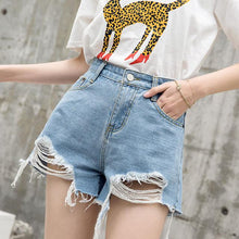 Load image into Gallery viewer, Blue Crimping Denim Shorts For Women Ripped Hole Short Jeans