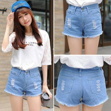 Load image into Gallery viewer, Blue Crimping Denim Shorts For Women Ripped Hole Short Jeans