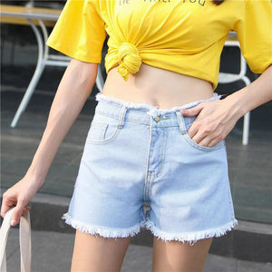 Blue Crimping Denim Shorts For Women Ripped Hole Short Jeans