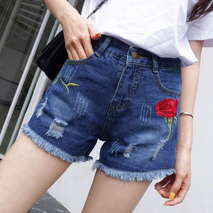 Blue Crimping Denim Shorts For Women Ripped Hole Short Jeans