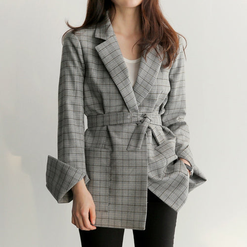 Casual Chic Gray Plaid OL Women Blazer & Jacket