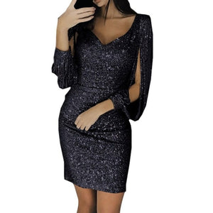 Solid Sequined Glitter Stitching Shining Club Sheath Mini Dress