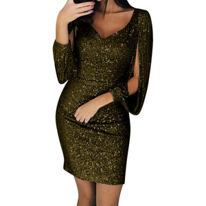 Solid Sequined Glitter Stitching Shining Club Sheath Mini Dress