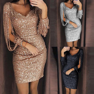 Solid Sequined Glitter Stitching Shining Club Sheath Mini Dress