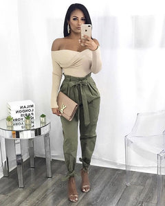 Women chiffon high waist pants khaki