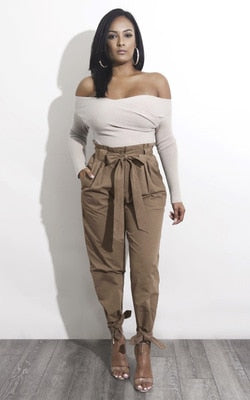 Women chiffon high waist pants khaki