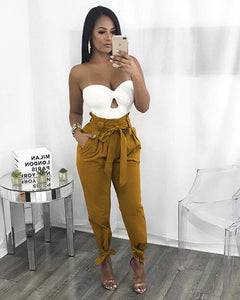 Women chiffon high waist pants khaki