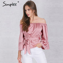 Load image into Gallery viewer, Apparel off shoulder ruffle bow blouse shirt Soft satin flare sleeve