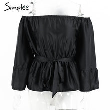 Load image into Gallery viewer, Apparel off shoulder ruffle bow blouse shirt Soft satin flare sleeve