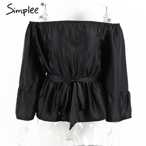 Apparel off shoulder ruffle bow blouse shirt Soft satin flare sleeve