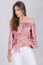 Load image into Gallery viewer, Apparel off shoulder ruffle bow blouse shirt Soft satin flare sleeve