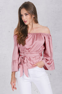 Apparel off shoulder ruffle bow blouse shirt Soft satin flare sleeve