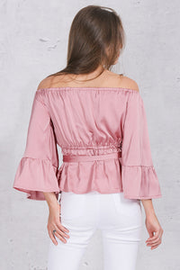 Apparel off shoulder ruffle bow blouse shirt Soft satin flare sleeve