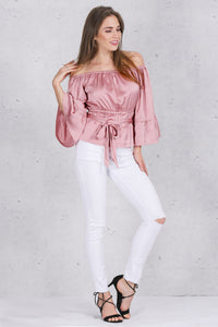 Apparel off shoulder ruffle bow blouse shirt Soft satin flare sleeve