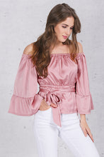 Load image into Gallery viewer, Apparel off shoulder ruffle bow blouse shirt Soft satin flare sleeve