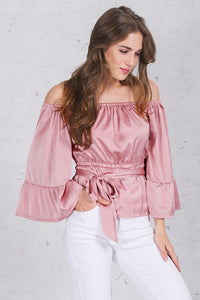 Apparel off shoulder ruffle bow blouse shirt Soft satin flare sleeve