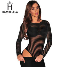 Load image into Gallery viewer, Sheer Mesh Lace Black Sheer Striped Unlined Bodysuit For Women