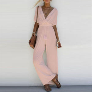 Women Jumpsuit Romper V Neck Casual Playsuit Overalls Ladies Wide Leg Loose