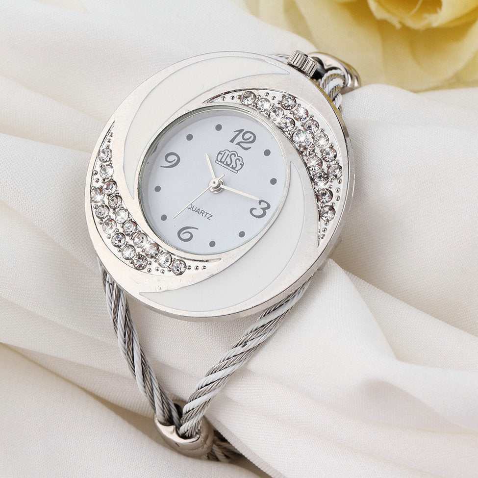 Women Bangle Wrist Clock Crystal Round Dial Analog Digital Bracelet Watch