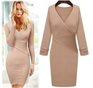 Women V-neck Solid Color Slim Knitwear Ladies Classic tight dress