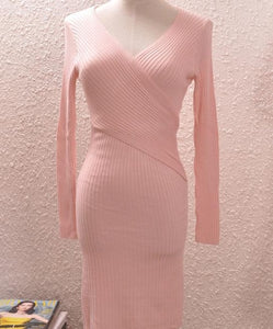 Women V-neck Solid Color Slim Knitwear Ladies Classic tight dress