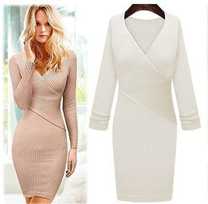 Women V-neck Solid Color Slim Knitwear Ladies Classic tight dress