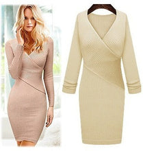 Load image into Gallery viewer, Women V-neck Solid Color Slim Knitwear Ladies Classic tight dress