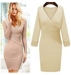 Women V-neck Solid Color Slim Knitwear Ladies Classic tight dress