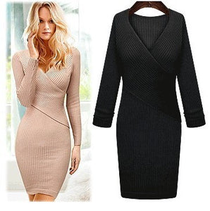 Women V-neck Solid Color Slim Knitwear Ladies Classic tight dress