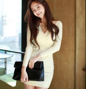 Women V-neck Solid Color Slim Knitwear Ladies Classic tight dress