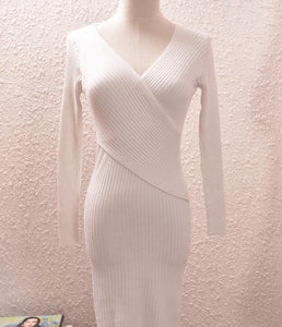 Women V-neck Solid Color Slim Knitwear Ladies Classic tight dress