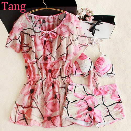 Pink Bikinis Three Piece Female Flounce Chest Explicit Spa Swimsuit