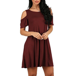 Women's Cold Shoulder Swing Dress With Pockets Casual Mini Flare Skater