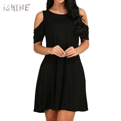 Women's Cold Shoulder Swing Dress With Pockets Casual Mini Flare Skater