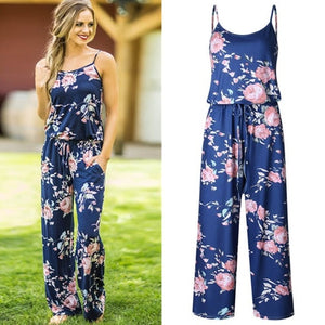 Lace Up Floral Print Women Jumpsuit Loose Style Wide Leg Girls Beach