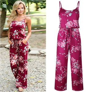 Lace Up Floral Print Women Jumpsuit Loose Style Wide Leg Girls Beach