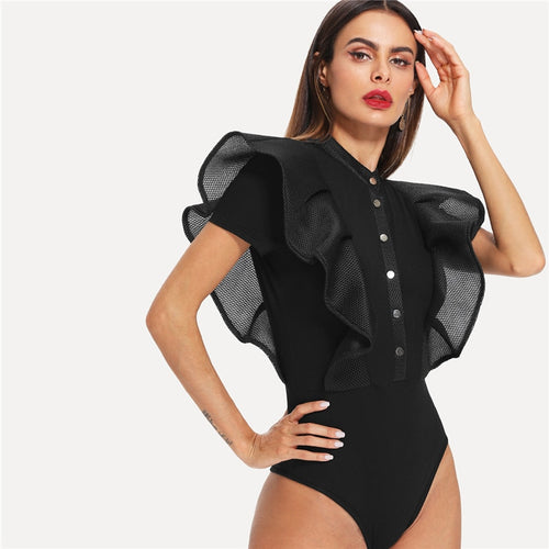 Black Elegant Button Up Mesh Ruffle Trim Fitted Stand Collar Women Party Bodysuit