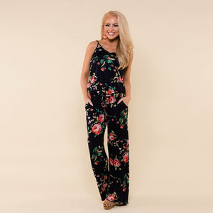 Lace Up Floral Print Women Jumpsuit Loose Style Wide Leg Girls Beach