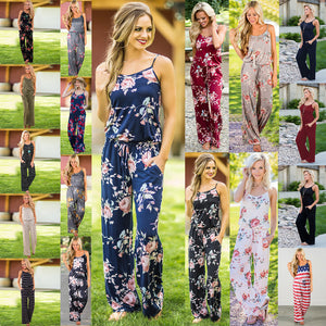 Lace Up Floral Print Women Jumpsuit Loose Style Wide Leg Girls Beach