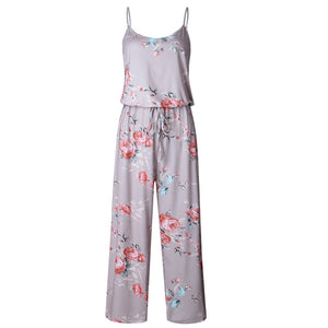 Lace Up Floral Print Women Jumpsuit Loose Style Wide Leg Girls Beach